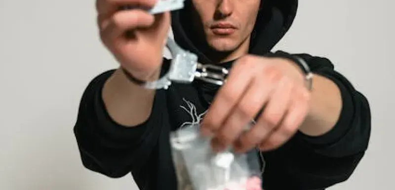 Une silhouette encapuchonnée tient des billets et des menottes, symbolisant le crime et l'enquête policière