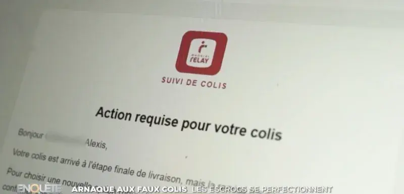 Illustration d'un faux SMS d'arnaque au colis avec photo personnalisée générée par intelligence artificielle