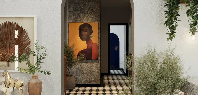 a hallway with a painting of a woman on the wall