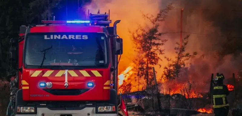 Intense forest fire scene with firefighters and bright red firetruck in action.
