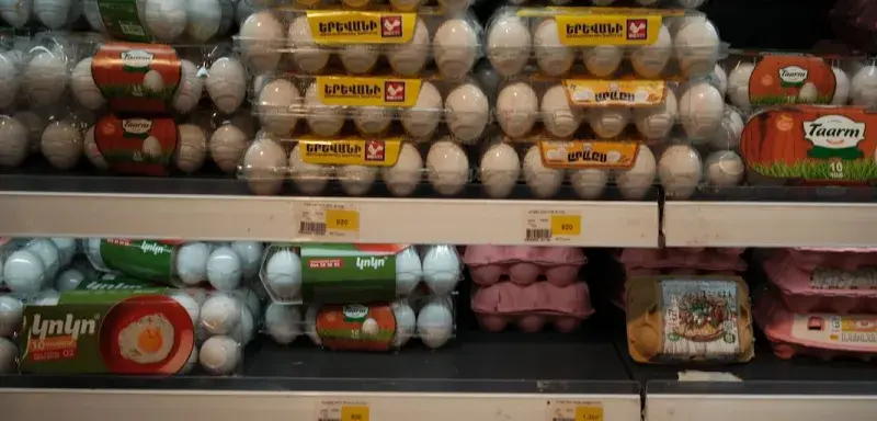 Supermarket shelves displaying many white and brown egg cartons.