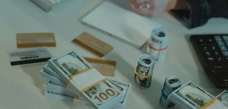 Close-up of dollar bills and credit cards on a desk, symbolizing financial transactions.