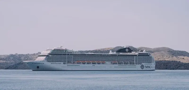 White MSC cruise ship sailing peacefully on the sea against a scenic coastline backdrop.