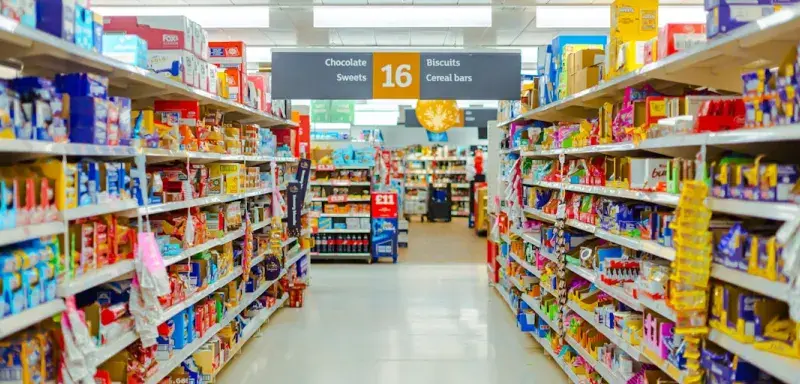 a grocery store aisle filled with lots of food