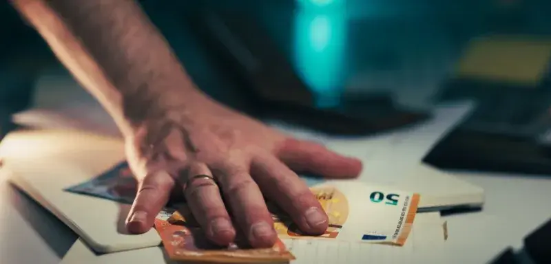 Close-up of a hand grabbing euro bills from a cluttered desk, symbolizing finance or financial crisis.