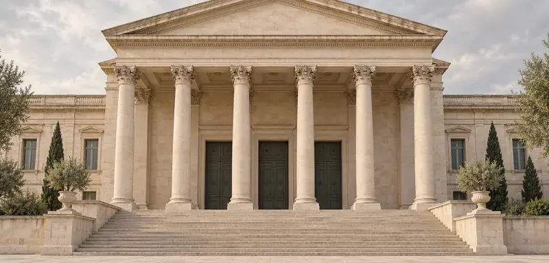 Illustration générée : façade à colonnes d'un palais de justice provençal, marches en pierre.