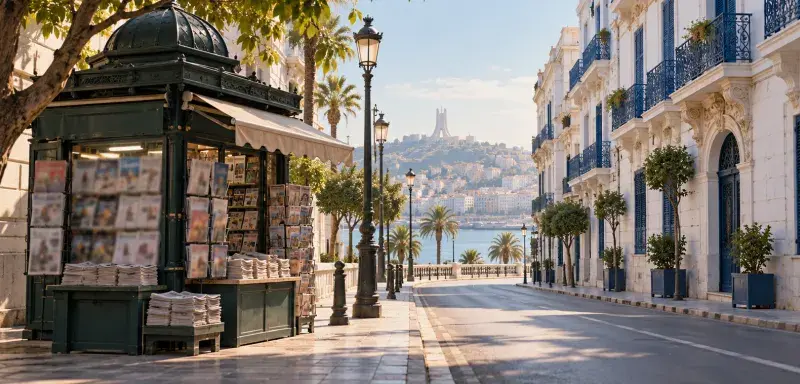Illustration générée : kiosque à journaux dans une rue d'Alger aux façades blanches.