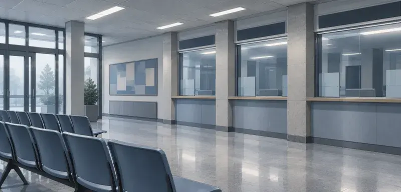 Illustration générée : hall d'accueil vide d'une administration, guichets fermés et fauteuils d'attente.
