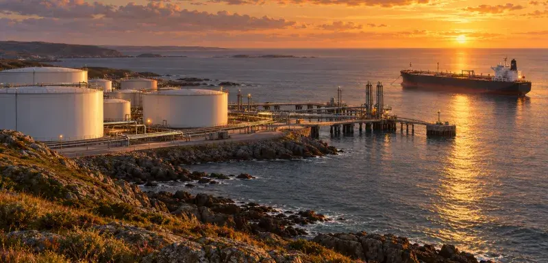 Illustration générée : terminal pétrolier côtier avec réservoirs de stockage et pétrolier au large.