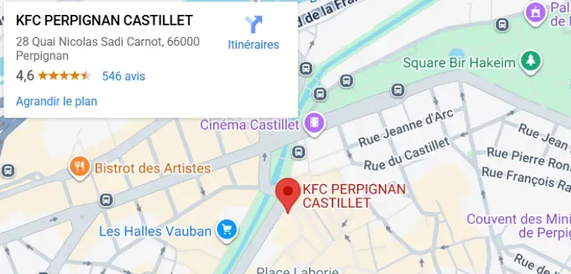 Le restaurant concerné est le KFC Perpignan Castillet, situé 28 quai Nicolas Sadi Carnot