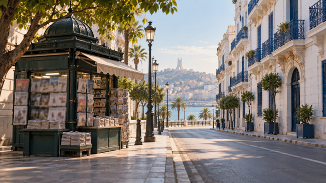Illustration générée : kiosque à journaux dans une rue d'Alger aux façades blanches.