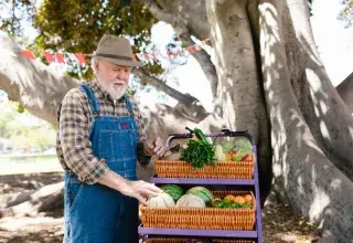 Agriculteur âgé devant un étal coloré de fruits et légumes frais sur un marché