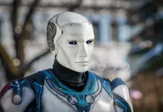 Robot humanoïde futuriste avec armure métallique et yeux LED bleus