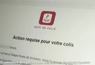 Illustration d'un faux SMS d'arnaque au colis avec photo personnalisée générée par intelligence artificielle