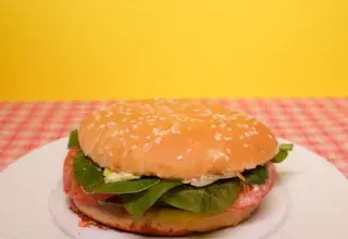 Delicious burger with green salad leaves and tomatoes with sauce placed on white plate on table near yellow wall