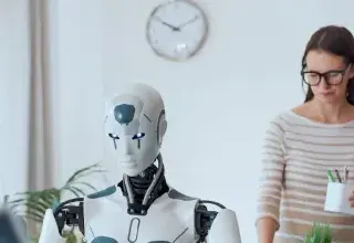 Robot humanoïde dans un bureau aux côtés d'une employée, symbole de l'impact de l'IA sur le travail