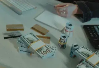 Close-up of dollar bills and credit cards on a desk, symbolizing financial transactions.