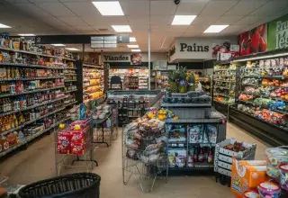 Wide view of a fully stocked grocery store aisle in Tadoussac, Québec, Canada.