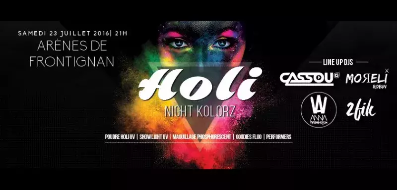 Samedi soir, "viens vivre une expérience inédite, ta première Holi Night Kolorz" aux Arènes de Frontignan, lance Cassou, agitateur de foule, de sons et de lumières avec sa line up de DJ !