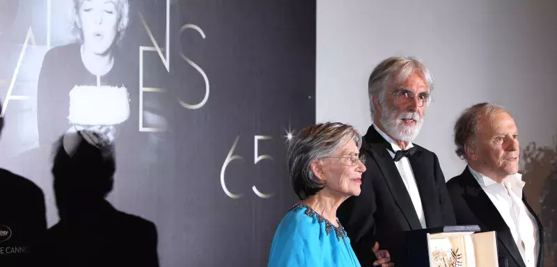 Le réalisateur autrichien Michael Haneke, Jean-Louis Trintignant et Emmanuelle Riva (Xinhua)