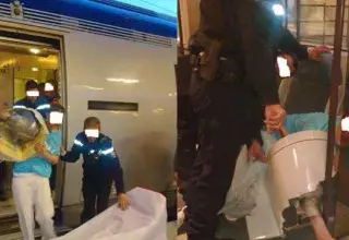 Le voyageur avait été pris dans les toilettes au cours d'un voyage Calais-Amiens  Le site Quoidenews.fr vient de révéler les photos de sa désincarcération. (Captures d'écran Quoidenews.fr)