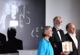 Le réalisateur autrichien Michael Haneke, Jean-Louis Trintignant et Emmanuelle Riva (Xinhua)